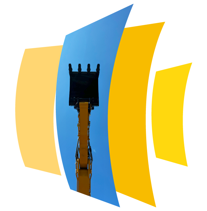 Braccio meccanico di escavatore giallo su sfondo azzurro, incorniciato da elementi grafici curvi in giallo ispirati al logo e all’identità visiva di Alba Costruzioni